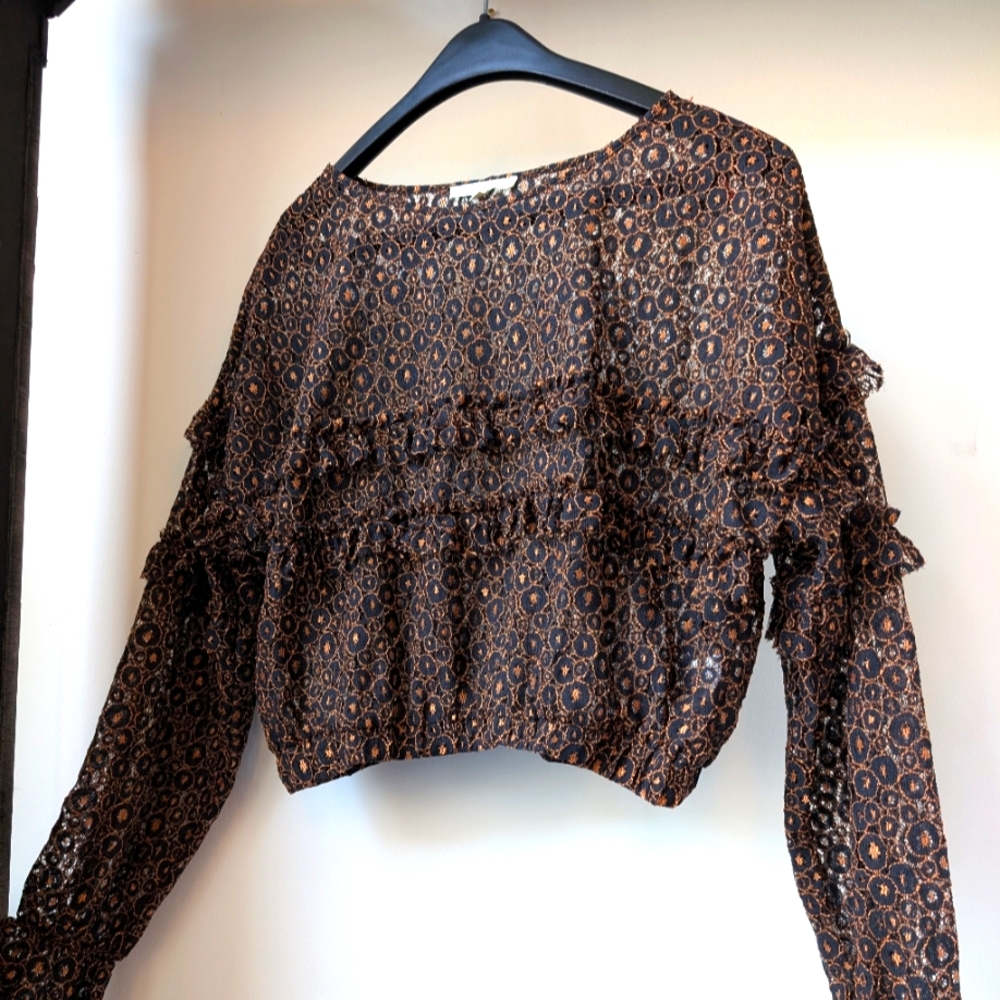 LE LIS Boho Lace Long Sleeve Sheer Size M High Round Neckline Boho Chic Ruffles